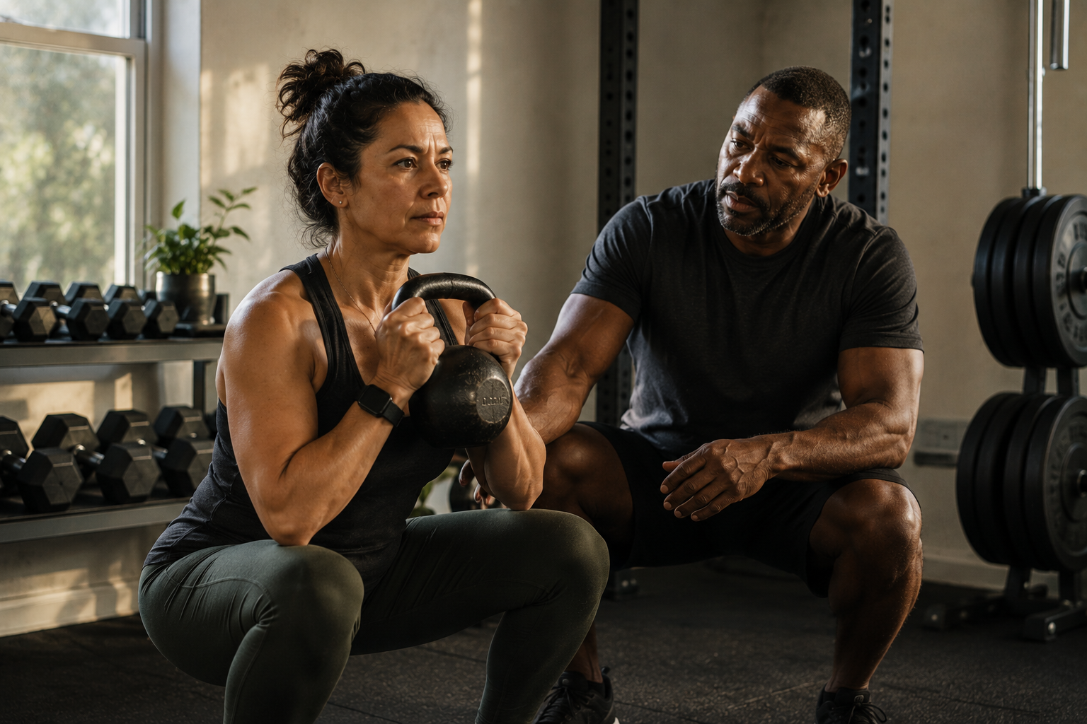 Couple training together with a kettlebell